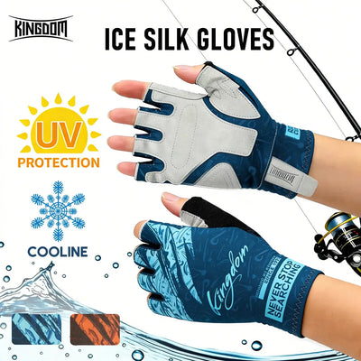 Half-finger ice silk fishing gloves in blue and gray with touch-finger openings