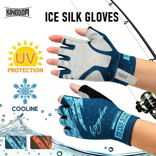 Half-finger ice silk fishing gloves in blue and gray with touch-finger openings