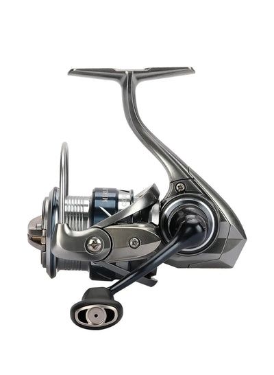 Ultralight spinning reel front quarter view with black handle grip and metal body