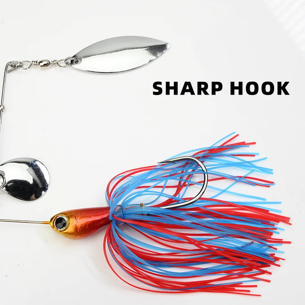 Red-orange spinner swim jig with blue/red skirt and sharp hook, silver spinner blade