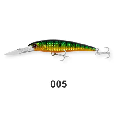 Saltwater trolling minnow wobbler in green-gold with black top and two treble hooks