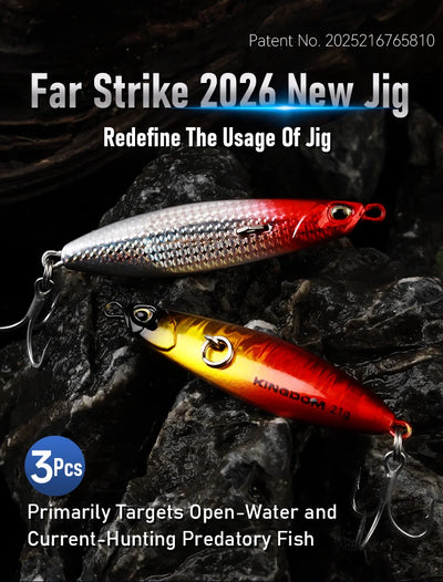 Two long casting jigging lures, red and yellow, each with treble hooks and rings
