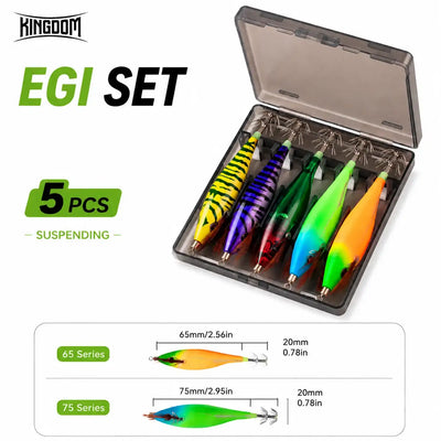 Squid jig lure set of 5 colorful lures in an open storage box