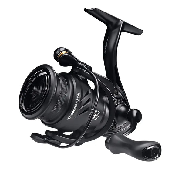 Black spinning fishing reel with front drag cap and curved crank handle