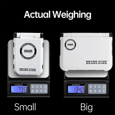 White small and big fishing storage boxes with scale display, hinged lids