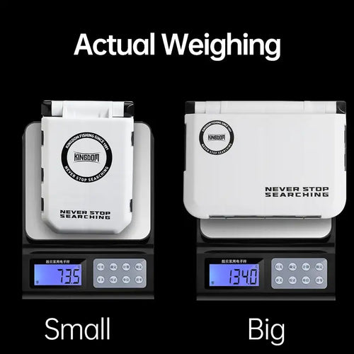 White small and big fishing storage boxes with scale display, hinged lids