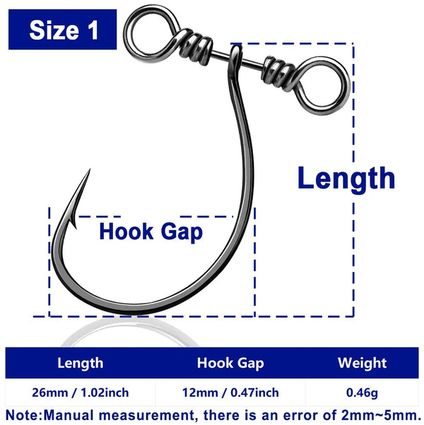Size 1 drop shot hook diagram showing length, hook gap, and weight