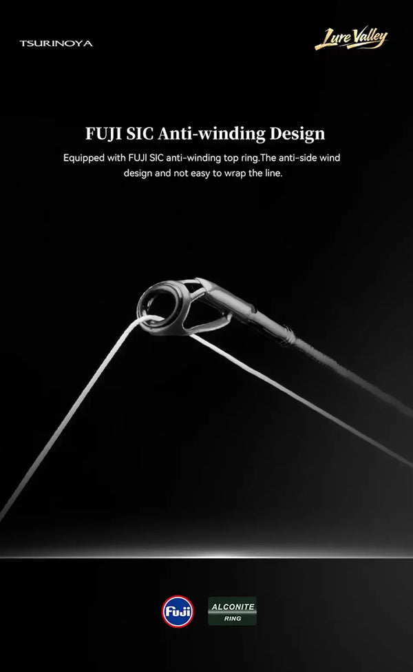 FUJI S C SIC guide rings on black fishing rod with anti-winding design