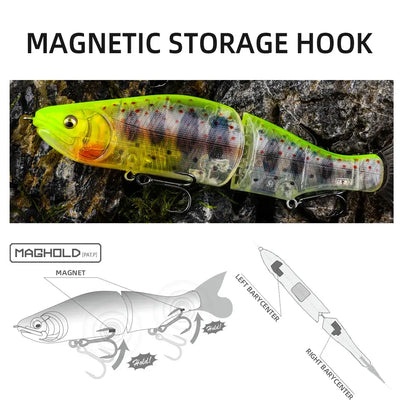 Jointed minnow fishing lure with lime green translucent body and silver fins, hooks visible