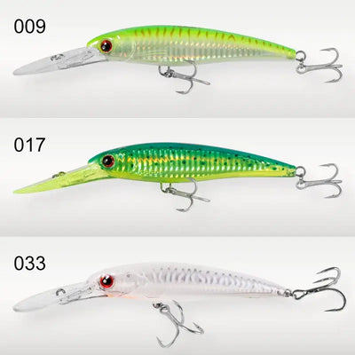 Saltwater trolling minnow wobbler set of three: light green, bright green, and white