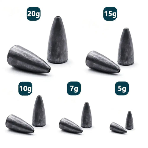 Assorted dark gray bullet sinkers in 20g, 15g, 10g, 7g, and 5g