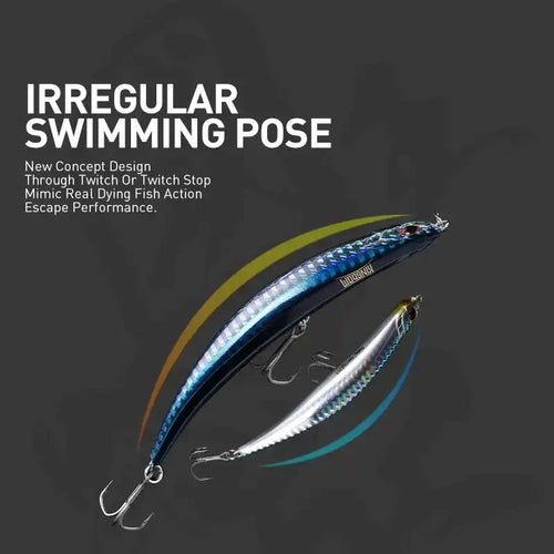 Floating pencil fishing lure with iridescent blue back, silver sides, and treble hooks