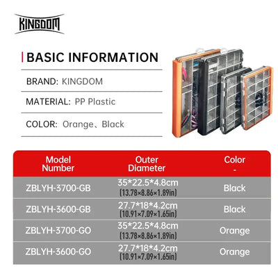 Orange and black PP plastic tackle box, pictured with stacked modular trays