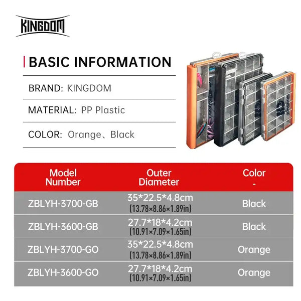 Orange and black PP plastic tackle box, pictured with stacked modular trays
