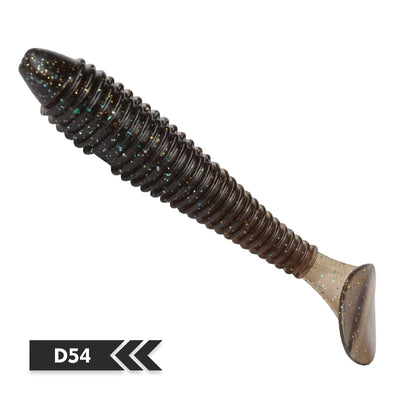 Dark brown/black speckled soft fishing lure with paddle tail, code D54