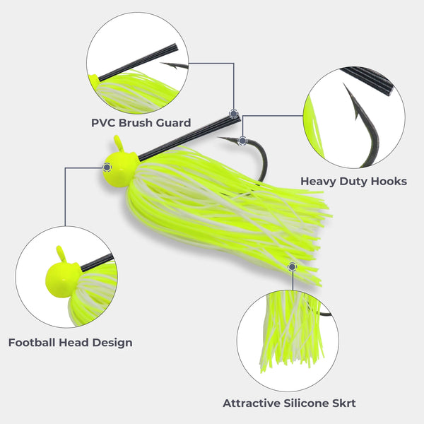 Neon yellow football jig lure with brush guard, heavy-duty hooks, silicone skirt.