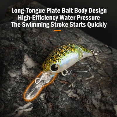Golden-speckled micro floating minnow crankbait with clear lip and treble hooks