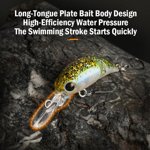 Golden-speckled micro floating minnow crankbait with clear lip and treble hooks