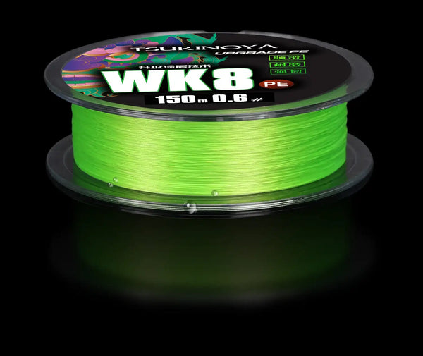 Green braided fishing line spool labeled on top