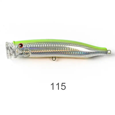 Topwater wobbler fishing lure, green top and silver body, visible eye and hooks