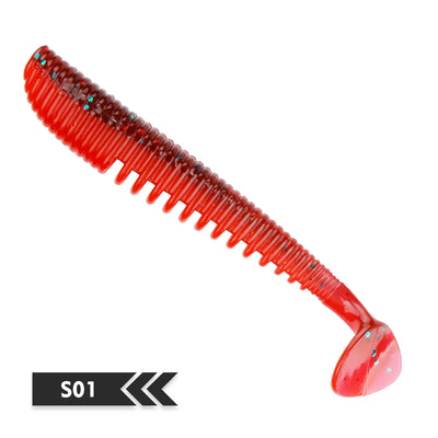 Soft fishing lure, red translucent shad-style silicone bait, ribbed body, rounded paddle tail