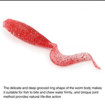 Red glitter curled worm soft bait with deep groove ring pattern and flexible tail
