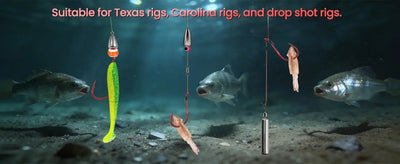 Fishing rigs with red hooks and lures, leader line shown over water