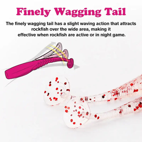 Soft plastic worm lure with white body and red speckles, pink tail detail