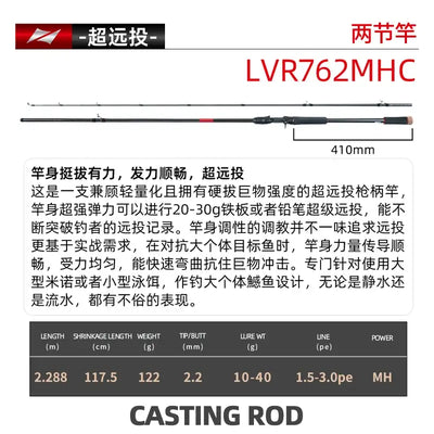 Carbon fiber casting fishing rod, black blank with reel seat and line guides