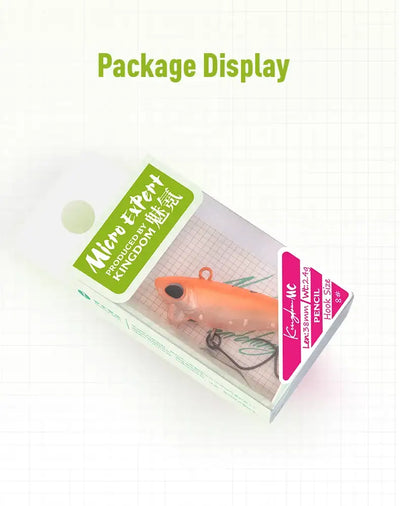 Fishing lure package box showing an orange mini lure inside with treble hook