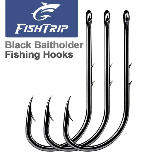 Black baitholder fishing hooks, double-barbed long-shank set (3 hooks shown)