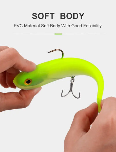 Hand-held soft swimbait lure in lime green with treble hooks and spinner blade