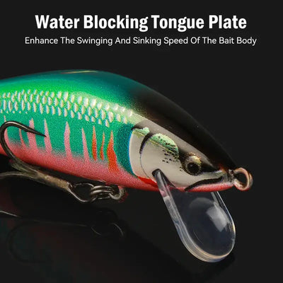 Leydun sinking minnow jerkbait fishing lure in green red with clear plastic tongue plate and black dorsal fin