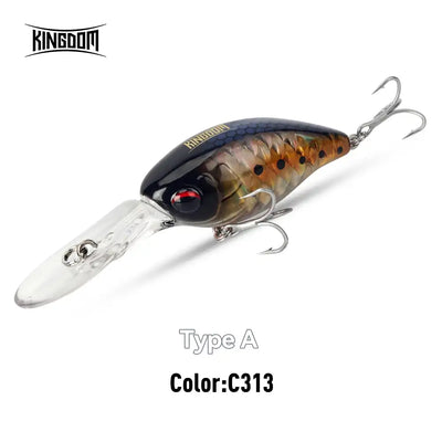 Floating crankbait minnow lure, Type A, deep blue body with orange spots and 2 treble hooks