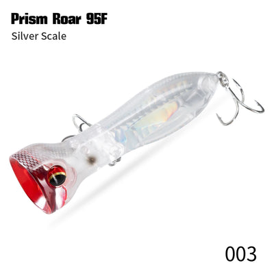 Floating topwater lure, silver translucent body with red nose and treble hooks