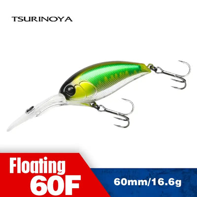 TSURINOYA floating crankbait fishing lure, green-and-white body with 3 treble hooks.
