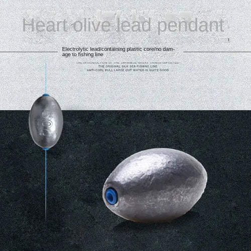 Two gray olive lead sinkers with blue eye hole, different sizes