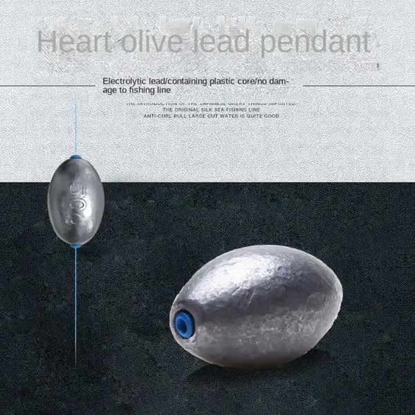 Two gray olive lead sinkers with blue eye hole, different sizes