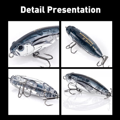Floating pencil stickbait lure detail collage, blue-silver body and treble hooks