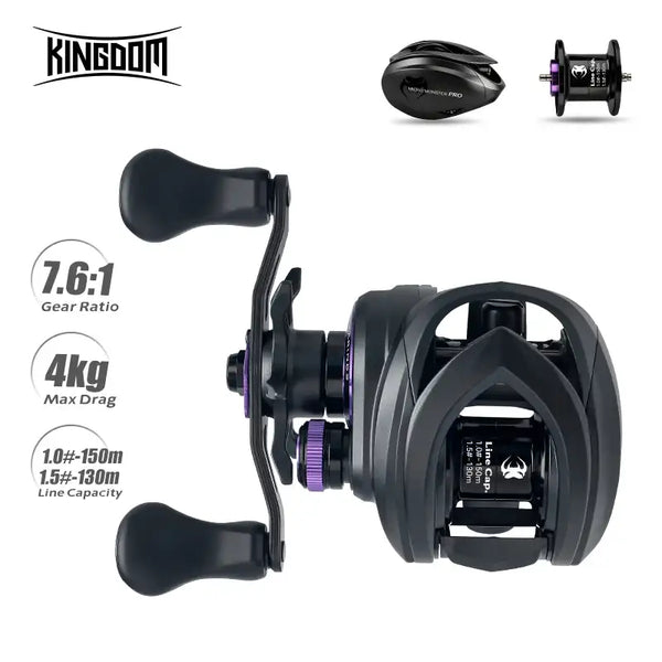 Black baitcasting reel with purple spool, 7.6:1 gear ratio, max 4kg drag