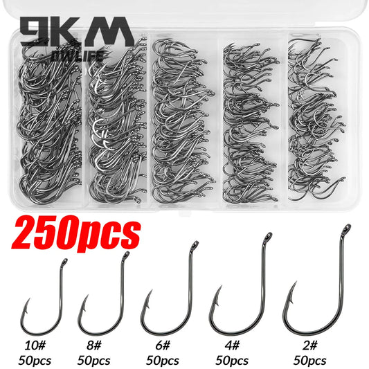 Fishing hook kit with 250 black octopus offset hooks in plastic storage tray
