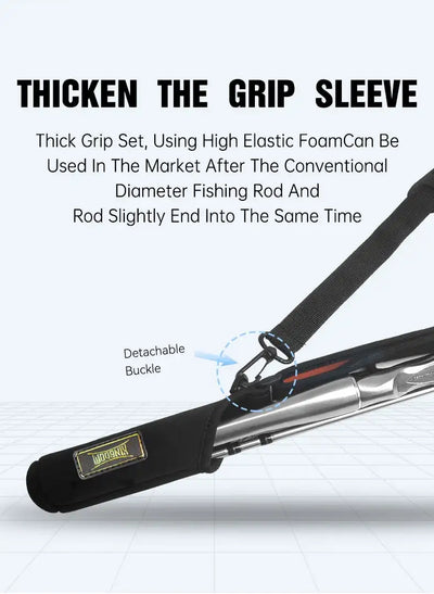 Thick black grip sleeve for fishing rod protection with detachable buckle and orange trim