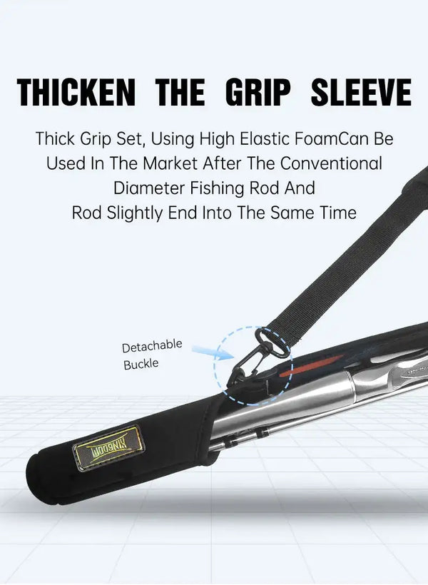 Thick black grip sleeve for fishing rod protection with detachable buckle and orange trim