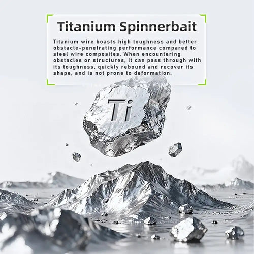 Titanium alloy spinnerbait lure concept graphic with Ti symbol and rugged metal image