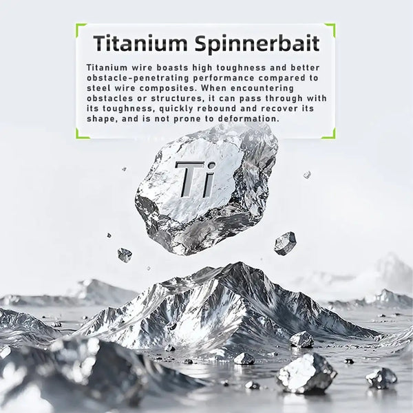 Titanium alloy spinnerbait lure concept graphic with Ti symbol and rugged metal image