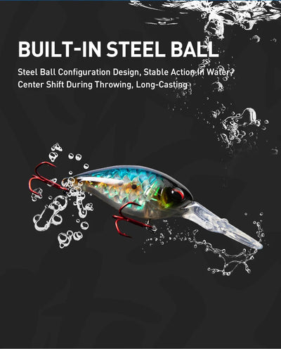 Sinking minnow crankbait with red treble hooks and blue-green holographic body