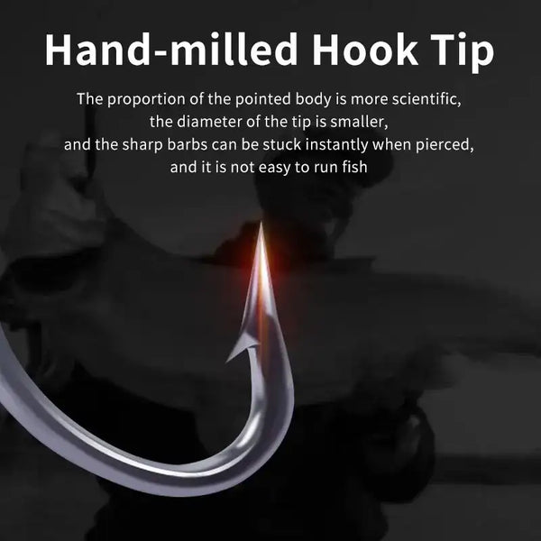 Close-up treble hook tip with sharp barbed prongs