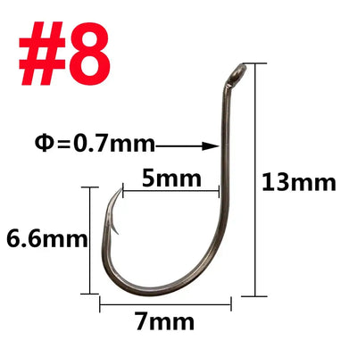 #8 drop shot hook size diagram, dark metal J-hook with eyelet and measured length