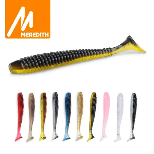 Meredith JXS03 55–95mm paddle tail soft plastic lure in yellow and black stripes with ribbed texture for bass pike perch