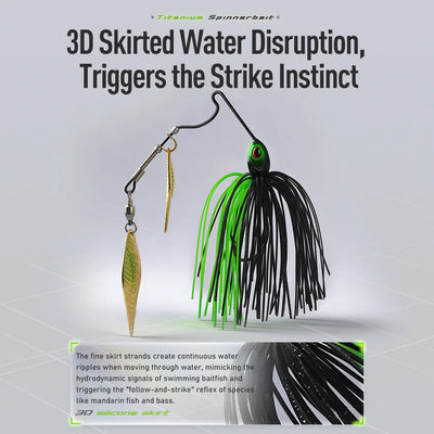 Spinnerbait lure with gold spinner blade and black-and-green skirt with red-ringed eye.